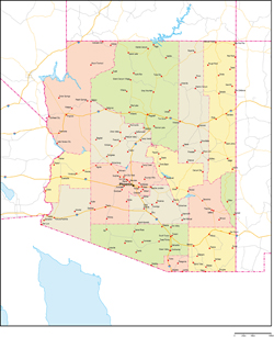 アリゾナ州郡色分け地図州都・主な都市・道路あり(英語)の小さい画像