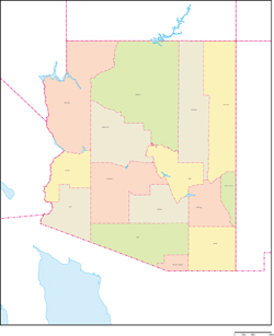 アリゾナ州郡色分け地図郡名あり(日本語)の小さい画像