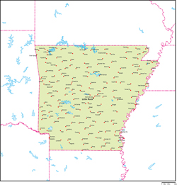 アーカンソー州地図州都・主な都市あり(英語)の小さい画像
