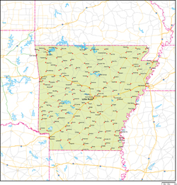 アーカンソー州地図州都・主な都市・道路あり(英語)の小さい画像