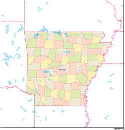 アーカンソー州郡色分け地図州都あり(英語)の小さい画像