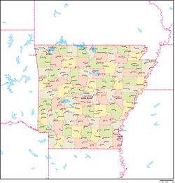 アーカンソー州郡色分け地図州都・主な都市あり(英語)の小さい画像