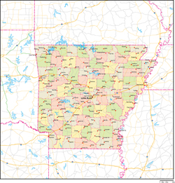 アーカンソー州郡色分け地図州都・主な都市・道路あり(英語)の小さい画像