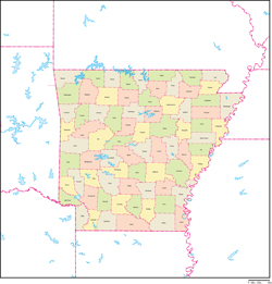 アーカンソー州郡色分け地図郡名あり(英語)の小さい画像