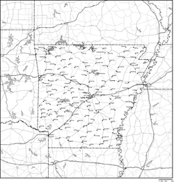 アーカンソー州白地図州都・主な都市・道路あり(英語)の小さい画像