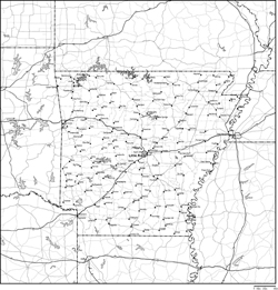 アーカンソー州郡分け白地図州都・主な都市・道路あり(英語)の小さい画像
