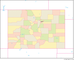 コロラド州郡色分け地図州都あり(英語)の小さい画像
