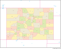 コロラド州郡色分け地図郡名あり(英語)の小さい画像