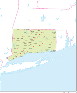 コネチカット州地図州都・主な都市あり(英語)の小さい画像