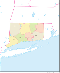 コネチカット州郡色分け地図郡名あり(英語)の小さい画像