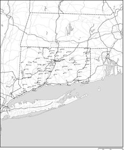 コネチカット州郡分け白地図州都・主な都市・道路あり(英語)の小さい画像