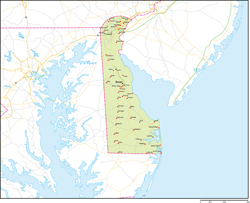 デラウェア州地図州都・主な都市・道路あり(英語)の小さい画像