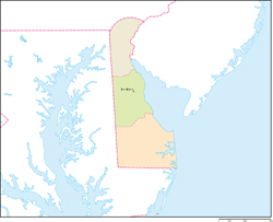 デラウェア州郡色分け地図州都あり(日本語)の小さい画像