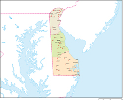 デラウェア州郡色分け地図州都・主な都市あり(英語)の小さい画像