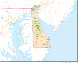 デラウェア州郡色分け地図州都・主な都市・道路あり(英語)の小さい画像