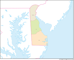 デラウェア州郡色分け地図郡名あり(英語)の小さい画像