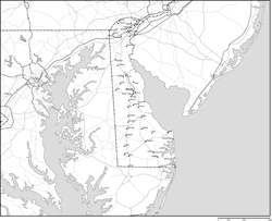デラウェア州郡分け白地図州都・主な都市・道路あり(英語)の小さい画像