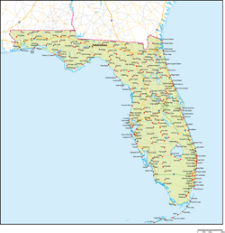 フロリダ州地図州都・主な都市・道路あり(英語)の小さい画像