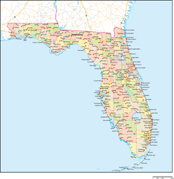 フロリダ州郡色分け地図州都・主な都市・道路あり(英語)の小さい画像