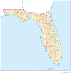 フロリダ州郡色分け地図郡名あり(英語)の小さい画像