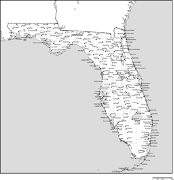 フロリダ州郡分け白地図州都・主な都市あり(英語)の小さい画像