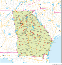 ジョージア州地図州都・主な都市・道路あり(英語)の小さい画像