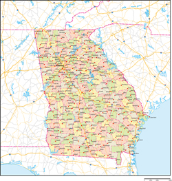 ジョージア州郡色分け地図州都・主な都市・道路あり(英語)の小さい画像