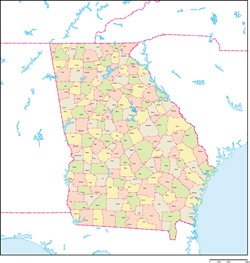 ジョージア州郡色分け地図郡名あり(英語)の小さい画像