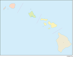 ハワイ州郡色分け地図郡名あり(日本語)の小さい画像