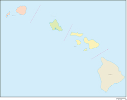 ハワイ州郡色分け地図郡名あり(英語)の小さい画像