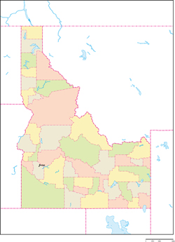 アイダホ州郡色分け地図州都あり(英語)の小さい画像