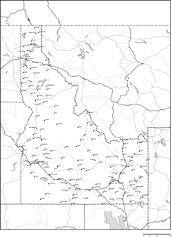 アイダホ州白地図州都・主な都市・道路あり(英語)の小さい画像