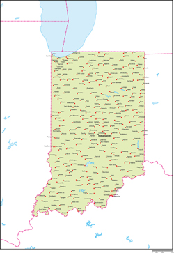 インディアナ州地図州都・主な都市あり(英語)の小さい画像