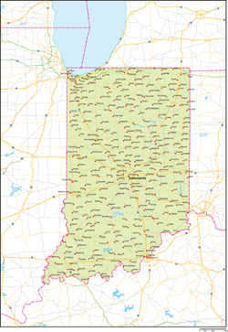 インディアナ州地図州都・主な都市・道路あり(英語)の小さい画像