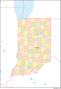 インディアナ州郡色分け地図州都あり(英語)の小さい画像