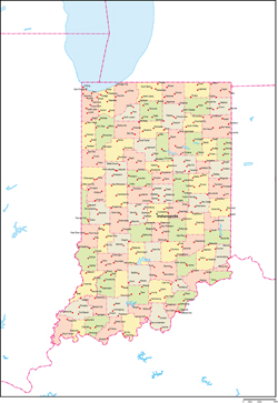 インディアナ州郡色分け地図州都・主な都市あり(英語)の小さい画像