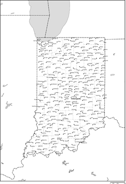 インディアナ州郡分け白地図州都・主な都市あり(英語)の小さい画像