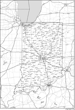 インディアナ州郡分け白地図州都・主な都市・道路あり(英語)の小さい画像