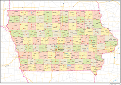 アイオワ州郡色分け地図州都・主な都市・道路あり(英語)の小さい画像