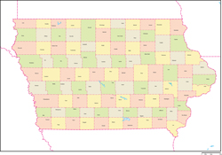 アイオワ州郡色分け地図郡名あり(英語)の小さい画像