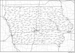 アイオワ州郡分け白地図州都・主な都市・道路あり(英語)の小さい画像