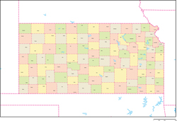 カンザス州郡色分け地図郡名あり(英語)の小さい画像