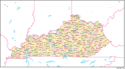 ケンタッキー州郡色分け地図州都・主な都市あり(英語)の小さい画像
