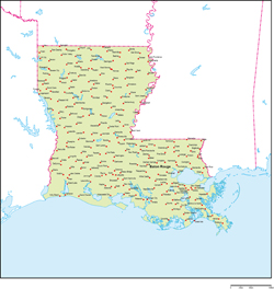 ルイジアナ州地図州都・主な都市あり(英語)の小さい画像