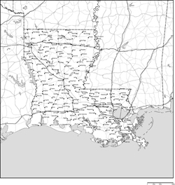 ルイジアナ州白地図州都・主な都市・道路あり(英語)の小さい画像