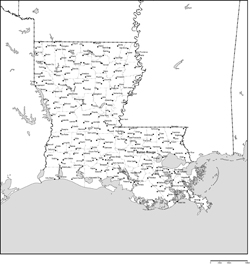 ルイジアナ州郡分け白地図州都・主な都市あり(英語)の小さい画像