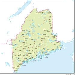 メイン州地図州都・主な都市あり(英語)の小さい画像