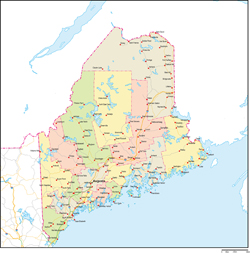メイン州郡色分け地図州都・主な都市・道路あり(英語)の小さい画像