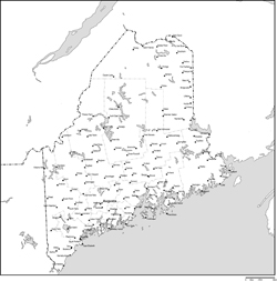 メイン州郡分け白地図州都・主な都市あり(英語)の小さい画像
