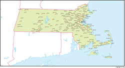 マサチューセッツ州地図州都・主な都市あり(英語)の小さい画像